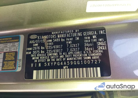 2016 Kia Sorento 3.3L Lx из США, поврежденный, VIN 5XYPG4A59GG100727